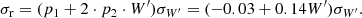 $$ \begin{aligned} \sigma _{\rm r} = (p_1 + 2 \cdot p_2 \cdot W^{\prime }) \sigma _{W^{\prime }} = (-0.03 + 0.14 W^{\prime }) \sigma _{W^{\prime }}. \end{aligned} $$
