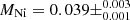 $ M_{\mathrm{Ni}} = 0.039\pm^{0.003}_{0.001} $