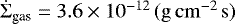 $\dot{\Sigma}_{\textrm{gas}} = 3.6 \times 10^{-12}\,\mathrm{(g\,cm^{-2}\,s)}$