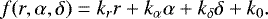 \begin{equation*} f(r,\alpha, \delta)=k_{r} r+k_{\alpha} \alpha+k_{\delta} \delta+k_0.\end{equation*}