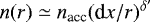 $n(r) \simeq n_{\textrm{acc}} (\textrm{d}x/r)^{\delta&#x0027;}$