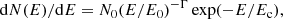 $$ \begin{aligned} \mathrm{d}N(E)/\mathrm{d}E = N_0 (E/E_0)^{-\Gamma } \exp (-E/E_{\rm c}), \end{aligned} $$