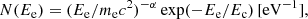 $$ \begin{aligned} N(E_{\rm e}) = (E_{\rm e}/m_{\rm e} c^2)^{-\alpha }\exp (-E_{\rm e}/E_{\rm c})\,[\mathrm{eV^{-1}}] , \end{aligned} $$