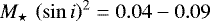 ${M_{\star}\,\left(\sin{i}\right)^{2}} = 0.04 - 0.09$