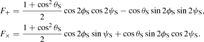 Mathematical equation: $$ \begin{aligned}&F_+=\frac{1+\cos ^2\theta _\text{S}}{2}\cos 2\phi _\text{S}\cos 2\psi _\text{S}-\cos \theta _\text{S}\sin 2\phi _\text{S}\sin 2\psi _\text{S},\nonumber \\&F_\times =\frac{1+\cos ^2\theta _\text{S}}{2}\cos 2\phi _\text{S}\sin \psi _\text{S}+\cos \theta _\text{S}\sin 2\phi _\text{S}\cos 2\psi _\text{S}. \end{aligned} $$
