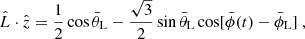 Mathematical equation: $$ \begin{aligned}&\hat{L}\cdot \hat{z}=\frac{1}{2}\cos \bar{\theta }_\text{L}-\frac{\sqrt{3}}{2}\sin \bar{\theta }_\text{L}\cos [\bar{\phi }(t)-\bar{\phi }_\text{L}]\ ,\end{aligned} $$