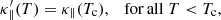 $$ \begin{aligned}&\kappa _\parallel ^{\prime }(T) = \kappa _\parallel (T_{\rm c}), \quad \mathrm {for}\,\mathrm {all} \;T < T_{\rm c}, \end{aligned} $$
