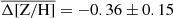 $ \overline{\Delta \mathrm{[Z/H]}} = -0.36 \pm 0.15 $