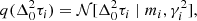 $$ \begin{aligned} q(\Delta _0^2\tau _{i}) = \mathcal{N} [\Delta _0^2\tau _{i} \mid m_{i}, \gamma ^2_{i}], \end{aligned} $$