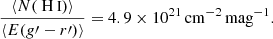 $$ \begin{aligned} \frac{\langle N({\text{H}}{\small {\text{I}}})\rangle }{\langle E(g\prime -r\prime ) \rangle } = 4.9 \times 10^{21}\,\mathrm{cm} ^{-2}\,\mathrm{mag} ^{-1}. \end{aligned} $$