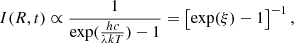 $$ \begin{aligned} I(R,t)\propto \frac{1}{\exp (\frac{hc}{\lambda kT})-1}= \left[\exp (\xi )-1\right]^{-1}, \end{aligned} $$