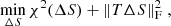 $$ \begin{aligned} \min _{\Delta S} \chi ^2(\Delta S) +\Vert T\Delta S\Vert _\mathrm{F} ^2\;, \end{aligned} $$