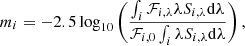 $$ \begin{aligned} m_i = -2.5\log _{10} \left( \frac{\int _i \mathcal{F} _{i,\lambda } \lambda S_{i,\lambda } \mathrm{d}\lambda }{\mathcal{F} _{i,0}\int _i \lambda S_{i,\lambda } \mathrm{d}\lambda }\right), \end{aligned} $$