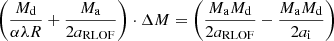 $$ \begin{aligned} \left( \frac{M_{\rm d}}{\alpha \lambda R} + \frac{M_{\rm a}}{2 a_{\rm RLOF}} \right) \cdot \Delta M = \left(\frac{M_{\rm a} M_{\rm d}}{2 a_{\rm RLOF}} - \frac{M_{\rm a} M_{\rm d}}{2 a_{\rm i}}\right) \end{aligned} $$