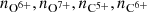 $ n_{\mathrm{O}^{6+}}, n_{\mathrm{O}^{7+}}, n_{\mathrm{C}^{5+}}, n_{\mathrm{C}^{6+}} $