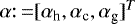 $\mathbf{\alpha}{:}\,{=} [\alpha_{\textrm{h}}, \alpha_{\textrm{c}}, \alpha_{\textrm{g}}]^T$
