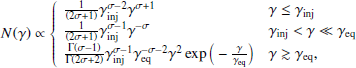 $$ \begin{aligned} N(\gamma )\propto \left\{ \begin{array}{@rll}&\frac{1}{(2\sigma +1)} \gamma _{\rm inj}^{\sigma -2} \gamma ^{\sigma +1}&\gamma \le \gamma _{\rm inj} \\&\frac{1}{(2\sigma +1)} \gamma _{\rm inj}^{\sigma -1} \gamma ^{-\sigma }&\gamma _{\rm inj} < \gamma \ll \gamma _{\rm eq}\\&\frac{\Gamma (\sigma -1) }{\Gamma (2\sigma +2)} \gamma _{\rm inj}^{\sigma -1}\gamma _{\rm eq}^{-\sigma -2} \gamma ^2 \exp {\Big (-\frac{\gamma }{\gamma _{\rm eq}}\Big )}&\gamma \gtrsim \gamma _{\rm eq}, \end{array}\right. \end{aligned} $$
