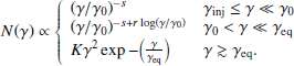$$ \begin{aligned} N(\gamma )\propto \left\{ \begin{array}{@rll}&(\gamma /\gamma _{0})^{-s}&\gamma _{\rm inj}\le \gamma \ll \gamma _{0} \\&(\gamma /\gamma _{0})^{-s+r \log (\gamma /\gamma _{0})}&\gamma _{0} < \gamma \ll \gamma _{\rm eq}\\&K\gamma ^2 \exp {-\Big (\frac{\gamma }{\gamma _{\rm eq}}\Big )}&\gamma \gtrsim \gamma _{\rm eq}. \end{array}\right. \end{aligned} $$