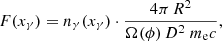 $$ \begin{aligned} F(x_\gamma ) = n_{\gamma }(x_\gamma ) \cdot \frac{4 \pi \, R^2}{\Omega (\phi ) \, D^2 \ m_{\rm {e}} c} , \end{aligned} $$