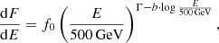 $$ \begin{aligned} \frac{\mathrm{d}F}{\mathrm{d}E}=f_0 \left(\frac{E}{500\,\mathrm{GeV} }\right)^{\Gamma -b \cdot \log \frac{E}{500\,\mathrm{GeV} }}, \end{aligned} $$