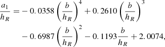 $$ \begin{aligned} \frac{a_1}{h_R}=&-0.0358\left(\frac{b}{h_R}\right)^4+0.2610\left(\frac{b}{h_R}\right)^3\nonumber \\&-0.6987\left(\frac{b}{h_R}\right)^2-0.1193\frac{b}{h_R}+2.0074,\end{aligned} $$