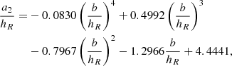 $$ \begin{aligned} \frac{a_2}{h_R}=&-0.0830\left(\frac{b}{h_R}\right)^4+0.4992\left(\frac{b}{h_R}\right)^3\nonumber \\&-0.7967\left(\frac{b}{h_R}\right)^2-1.2966\frac{b}{h_R}+4.4441,\end{aligned} $$