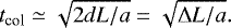 \begin{equation*} t_{\textrm{col}} \simeq \sqrt{2 dL / a} = \sqrt{\Delta L / a}. \end{equation*}