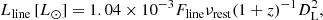 $$ \begin{aligned} L_{\rm line}\,[L_{\odot }] =1.04\times 10^{-3}F_{\rm line}\nu _{\rm rest}(1+z)^{-1}D_{\rm L}^2, \end{aligned} $$