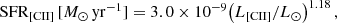 $$ \begin{aligned} \mathrm{{SFR_{[CII]}}}\,[M_{\odot }\,\mathrm{yr}^{-1}] = 3.0\times 10^{-9}\!\left( L_{\rm [CII]}/L_{\odot } \right)^{1.18}, \end{aligned} $$