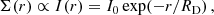 $$ \begin{aligned} \Sigma (r)\propto I(r)= I_0\exp \!\left( -r/R_{\rm D} \right), \end{aligned} $$