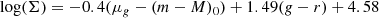 $$ \begin{aligned} \log (\Sigma ) = -0.4(\mu _g-(m-M)_0) + 1.49(g-r)+4.58 \end{aligned} $$