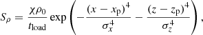 $$ \begin{aligned} S_{\rho }=\frac{\chi \rho _{0}}{t_{\rm load}}\exp \left({-\frac{(x-x_{\rm p})^4}{\sigma _x^4}-\frac{(z-z_{\rm p})^4}{\sigma _z^4}}\right), \end{aligned} $$