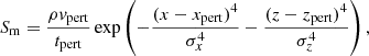 $$ \begin{aligned} S_{\rm m}=\frac{\rho v_{\rm pert}}{t_{\rm pert}}\exp \left({-\frac{(x-x_{\rm pert})^4}{\sigma _x^4}-\frac{(z-z_{\rm pert})^4}{\sigma _z^4}}\right), \end{aligned} $$