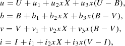$$ \begin{aligned} \begin{aligned}&u = U+u_1+u_2xX+u_3x(U-B), \\&b = B+b_1+b_2xX+b_3x(B-V), \\&{ v} = V+{ v}_1+{ v}_2xX+{ v}_3x(B-V), \\&i = I+i_1+i_2xX+i_3x(V-I), \end{aligned} \end{aligned} $$