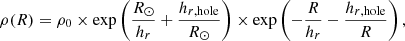 $$ \begin{aligned} \rho (R) = \rho _0 \times \exp \left(\frac{R_{\odot }}{h_r}+\frac{h_{r,\mathrm{hole}}}{R_{\odot }}\right)\times \exp \left(-\frac{R}{h_r}-\frac{h_{r,\mathrm{hole}}}{R}\right), \end{aligned} $$