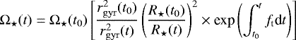 \begin{equation*} \Omega_{\star}(t)=\Omega_{\star}(t_0)\left[\frac{r_{\mathrm{gyr}}^2(t_0)}{r_{\mathrm{gyr}}^2(t)}\left(\frac{R_{\star}(t_0)}{R_{\star}(t)}\right)^{2}\times {\textrm{exp}}\left(\int_{t_0}^{t}f_{\textrm{t}} \textrm{d}t\right)\right]\end{equation*}