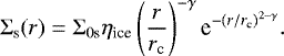 \begin{equation*}\Sigma_{\textrm{s}}(r)=\Sigma_{0\textrm{s}}\eta_{\textrm{ice}}\left(\frac{r}{r_{\textrm{c}}}\right)^{-\gamma}\textrm{e}^{{-(r/r_{\textrm{c}})}^{2-\gamma}}. \end{equation*}