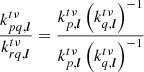 $$ \begin{aligned} \frac{k_{pq,{\boldsymbol{l}}}^{t\nu }}{k_{rq,{\boldsymbol{l}}}^{t\nu }}&= \frac{k_{p,{\boldsymbol{l}}}^{t\nu } \left(k_{q,{\boldsymbol{l}}}^{t\nu }\right)^{-1} }{k_{p,{\boldsymbol{l}}}^{t\nu } \left(k_{q,{\boldsymbol{l}}}^{t\nu }\right)^{-1}} \end{aligned} $$