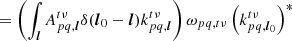 $$ \begin{aligned}&= \left(\int _{{\boldsymbol{l}}} {{A}}_{pq,{\boldsymbol{l}}}^{t\nu } \delta ({\boldsymbol{l}}_0-{\boldsymbol{l}})k_{pq,{\boldsymbol{l}}}^{t\nu }\right) \omega _{pq,t\nu }\left(k_{pq,{\boldsymbol{l}}_0}^{t\nu }\right)^*\end{aligned} $$