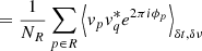 $$ \begin{aligned}&= \frac{1}{N_R}\sum _{p \in R} \left\langle v_p v_q^* e^{2\pi i \phi _p} \right\rangle _{\delta t,\delta \nu } \end{aligned} $$