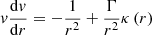 $$ \begin{aligned} { v}\frac{\mathrm{d} { v}}{\mathrm{d} r}=-\frac{1}{r^2}+\frac{\Gamma }{r^2}\kappa \left(r\right) \end{aligned} $$