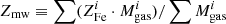 $ Z_{\mathrm{mw}}\equiv \sum\nolimits (Z_{\mathrm{Fe}}^{i}\cdot M^{i}_{\mathrm{gas}})/\sum\nolimits M_{\mathrm{gas}}^{i} $