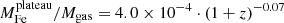 $ M_{\mathrm{Fe}}^{\mathrm{plateau}}/M_{\mathrm{gas}} = 4.0\times10^{-4}\cdot (1+z)^{-0.07} $