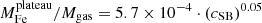 $ M_{\mathrm{Fe}}^{\mathrm{plateau}}/M_{\mathrm{gas}} = 5.7\times10^{-4}\cdot (c_{\mathrm{SB}})^{0.05} $