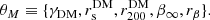 $$ \begin{aligned} \mathbf \theta _M \equiv \{{\gamma _{\mathrm{DM}}}, {r_{\rm s}^{\mathrm{DM}}}, {r_{200}^{\mathrm{DM}}}, {\beta _\infty }, {r_{\beta }} \}. \end{aligned} $$