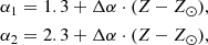 $$ \begin{aligned} \alpha _1=1.3+\Delta \alpha \cdot (Z-Z_\odot ),\nonumber \\ \alpha _2=2.3+\Delta \alpha \cdot (Z-Z_\odot ), \end{aligned} $$