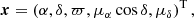 $$ \begin{aligned} {\boldsymbol{x}}= \left( \alpha , \delta , \varpi , \mu _{\alpha }\cos {\delta }, \mu _\delta \right)^\mathrm{T}, \end{aligned} $$
