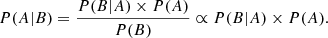 $$ \begin{aligned} P(A|B) = \frac{P(B|A)\times {P(A)}}{P(B)}\propto P(B|A)\times P(A). \end{aligned} $$