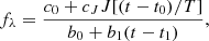 $$ \begin{aligned} f_{\lambda } = \frac{c_0 + c_{{J}}J[(t - t_0)/T]}{b_0 + b_1(t - t_1)} , \end{aligned} $$