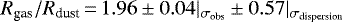${R_{\textrm{gas}}}/{R_{\textrm{dust}}}\,{=}\,1.96 \pm 0.04|_{\sigma_{\textrm{obs}}} \pm 0.57|_{\sigma_{\textrm{dispersion}}}$